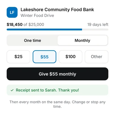 Sarah gives $55 a month on the Winter Food Drive page and gets a receipt